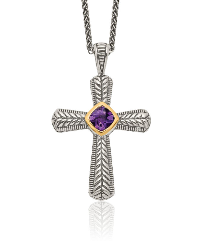 925 Sterling Silver Vintage Cushion-Cut Purple Amethyst Holy Cross Chain Necklace