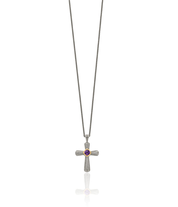 925 Sterling Silver Vintage Cushion-Cut Purple Amethyst Holy Cross Chain Necklace
