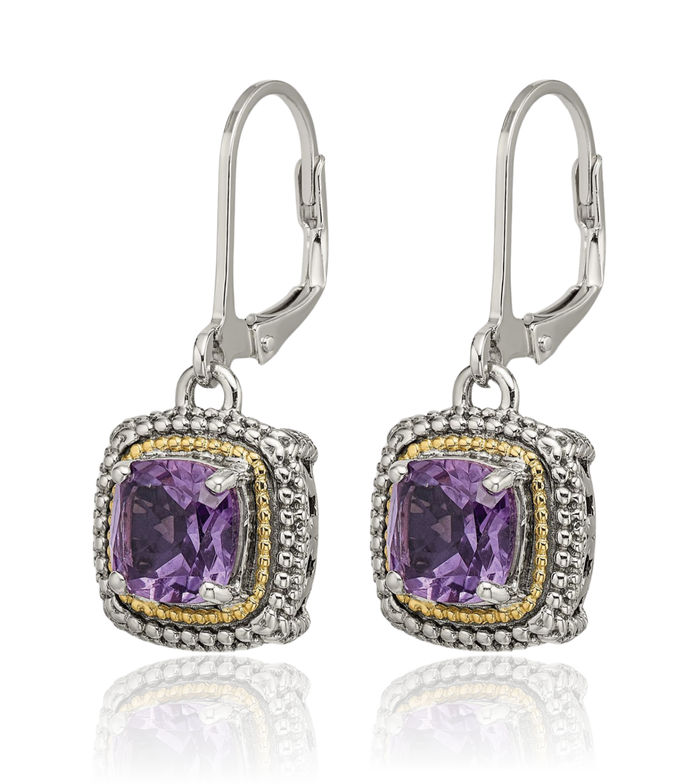 925 Sterling Silver Vintage Cushion-Cut Purple Amethyst Drop Dangle Earrings