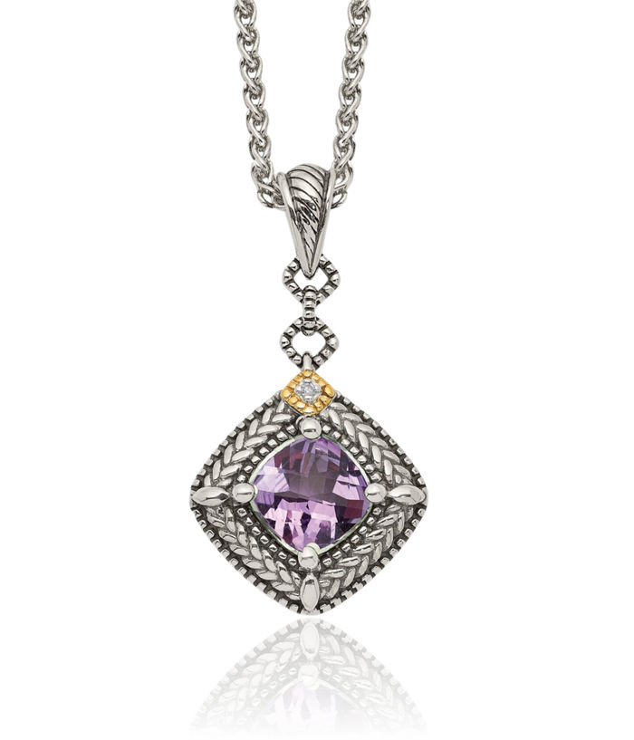 925 Sterling Silver Vintage Cushion-Cut Purple Amethyst Diamond Chain Necklace Gemstone Pendant Charm