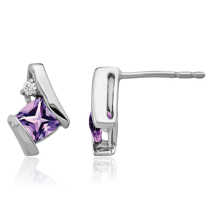 925 Sterling Silver Vintage Cushion-Cut Purple Amethyst Diamond Stud Earrings February Birthstone Jewelry