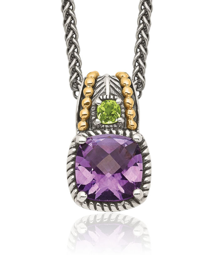 925 Sterling Silver Vintage Cushion-Cut Purple Amethyst Green Peridot Chain Necklace Gemstone Pendant Charm