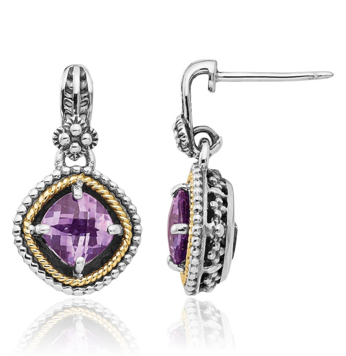 925 Sterling Silver Vintage Cushion-Cut Purple Amethyst Post Drop Dangle Earrings