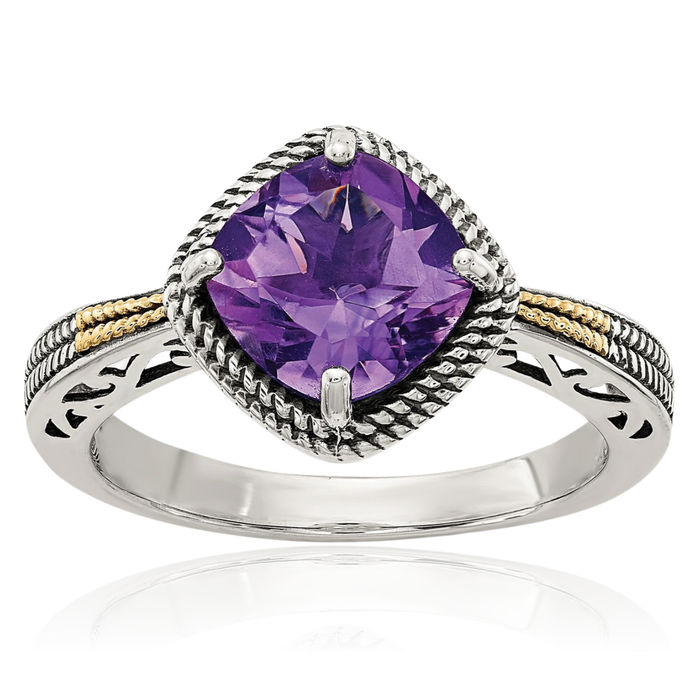 925 Sterling Silver Vintage Cushion-Cut Purple Amethyst Ring Gemstone Band