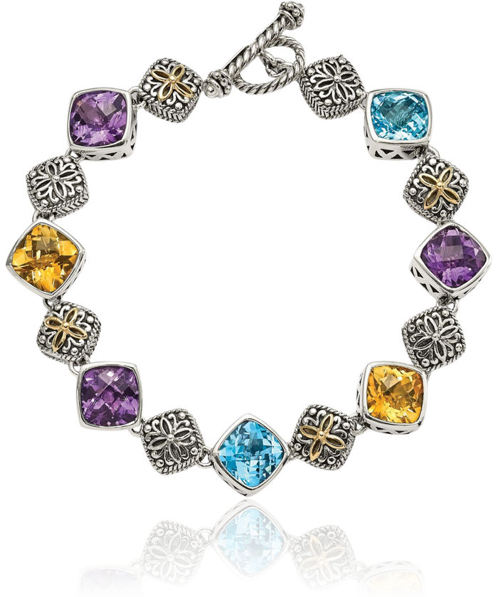 925 Sterling Silver Vintage Cushion-Cut Purple Amethyst Swiss Blue Topaz Yellow Orange Citrine Chain Gemstone Tennis Bracelet