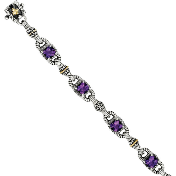 925 Sterling Silver Vintage Cushion-Cut Purple Amethyst Chain Gemstone Tennis Bracelet