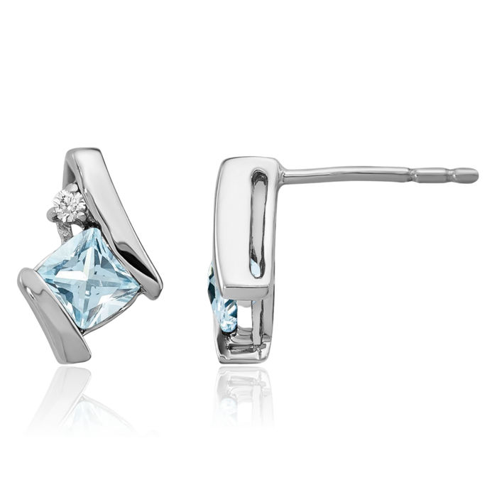 925 Sterling Silver Vintage Cushion-Cut Blue Aquamarine Diamond Stud Earrings March Birthstone Jewelry