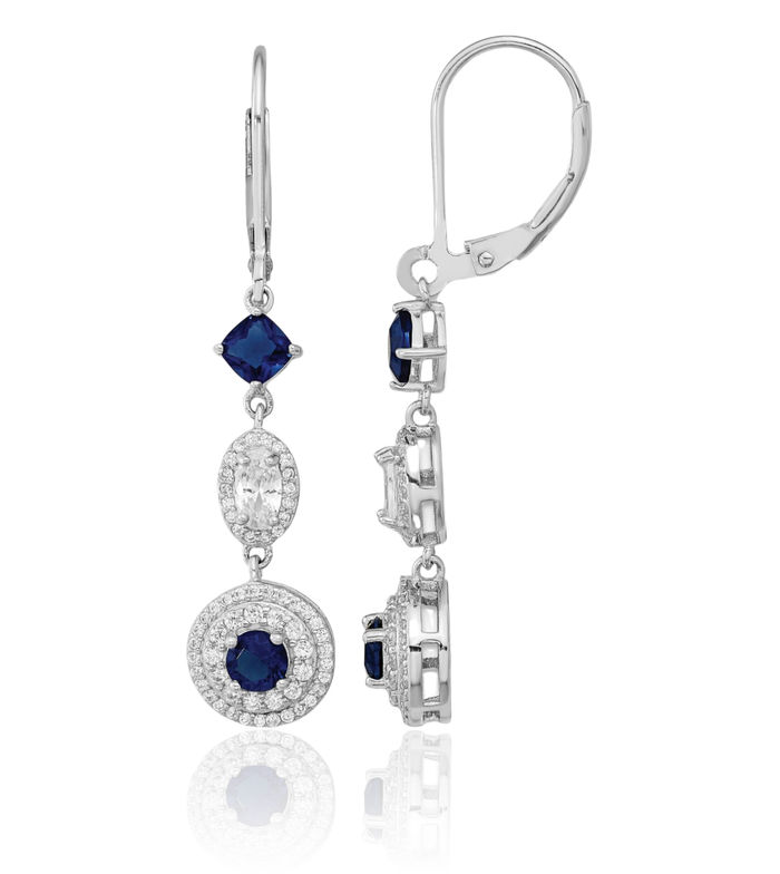 925 Sterling Silver Cushion-Cut Blue Glass White Cubic Zirconia CZ Drop Dangle Earrings