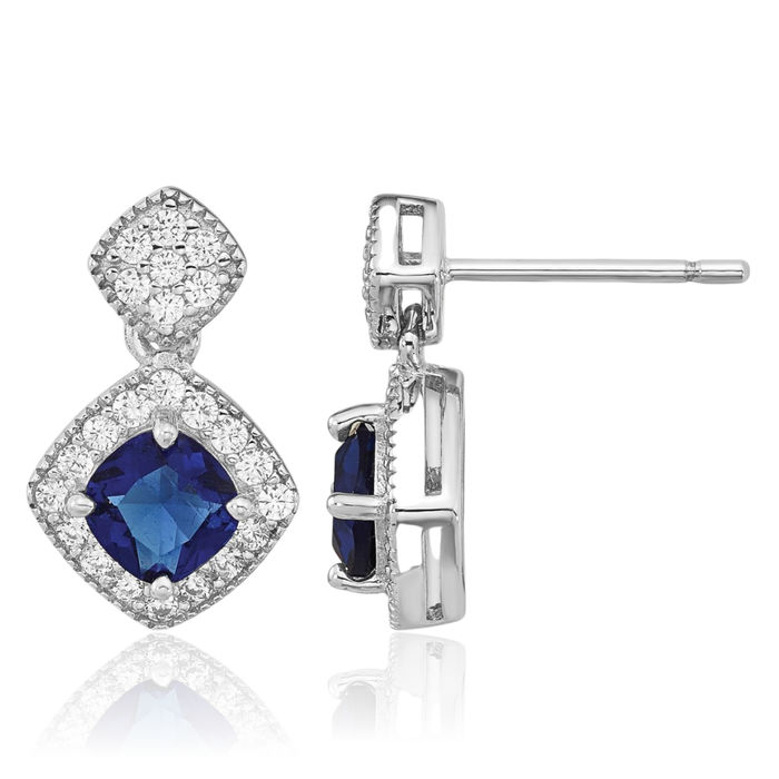 925 Sterling Silver Cushion-Cut Blue Glass White Cubic Zirconia CZ Post Drop Dangle Earrings