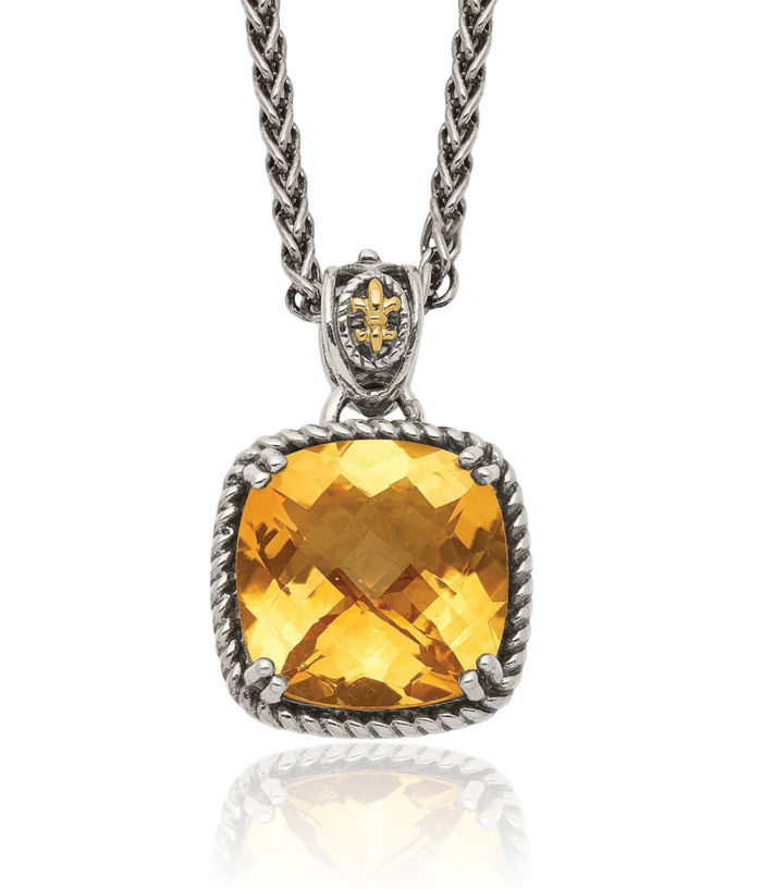 925 Sterling Silver Vintage Cushion-Cut Yellow Orange Citrine Chain Necklace Gemstone Pendant Charm