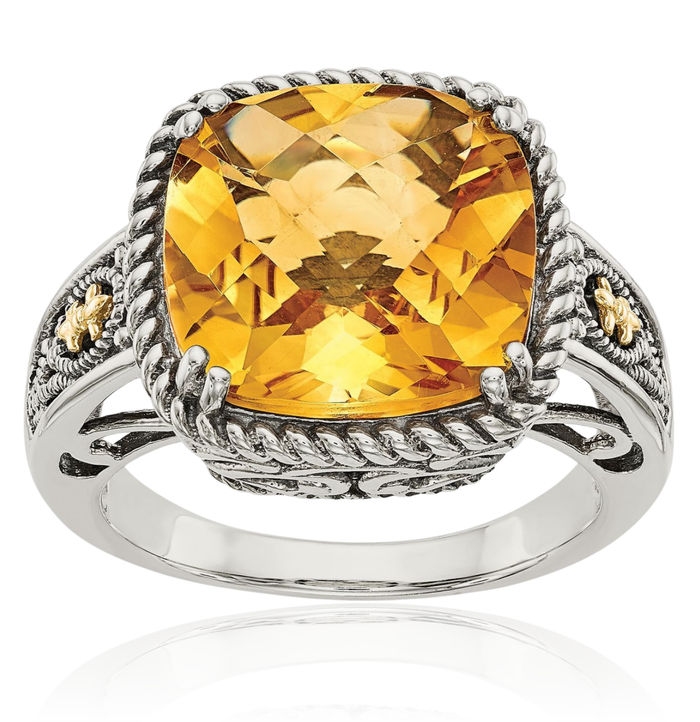 925 Sterling Silver Vintage Cushion-Cut Yellow Orange Citrine Cocktail Statement Ring Gemstone Band