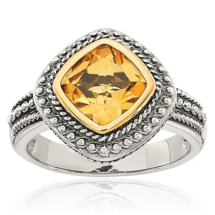 925 Sterling Silver Vintage Cushion-Cut Yellow Orange Citrine Ring Gemstone Band