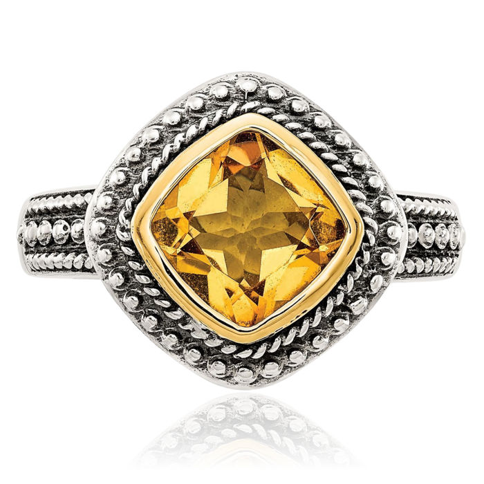 925 Sterling Silver Vintage Cushion-Cut Yellow Orange Citrine Ring Gemstone Band