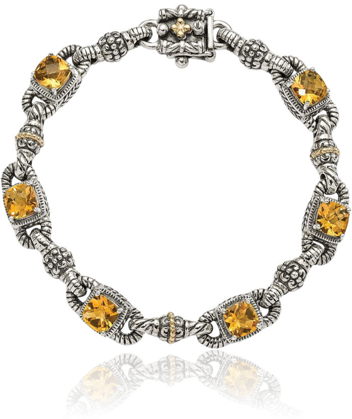 925 Sterling Silver Vintage Cushion-Cut Yellow Orange Citrine Chain Gemstone Tennis Bracelet