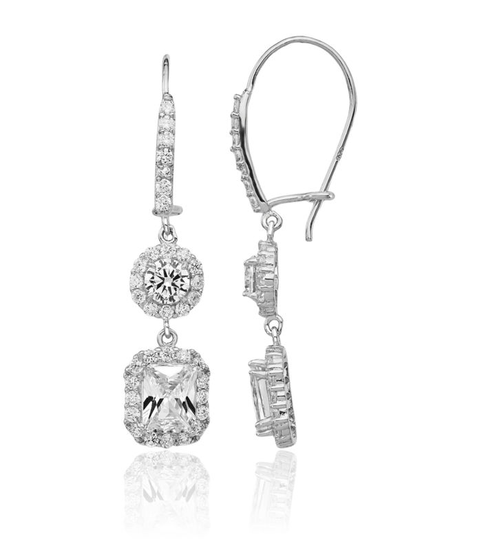 925 Sterling Silver Cushion-Cut Cubic Zirconia CZ Halo Round Drop Dangle Earrings