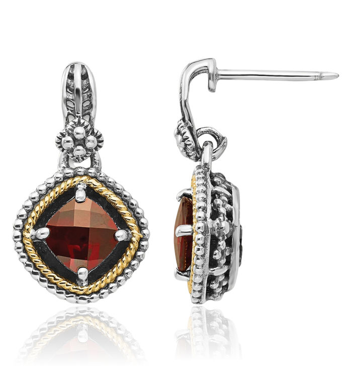 925 Sterling Silver Vintage Cushion-Cut Red Garnet Post Drop Dangle Earrings Gemstone Push Back