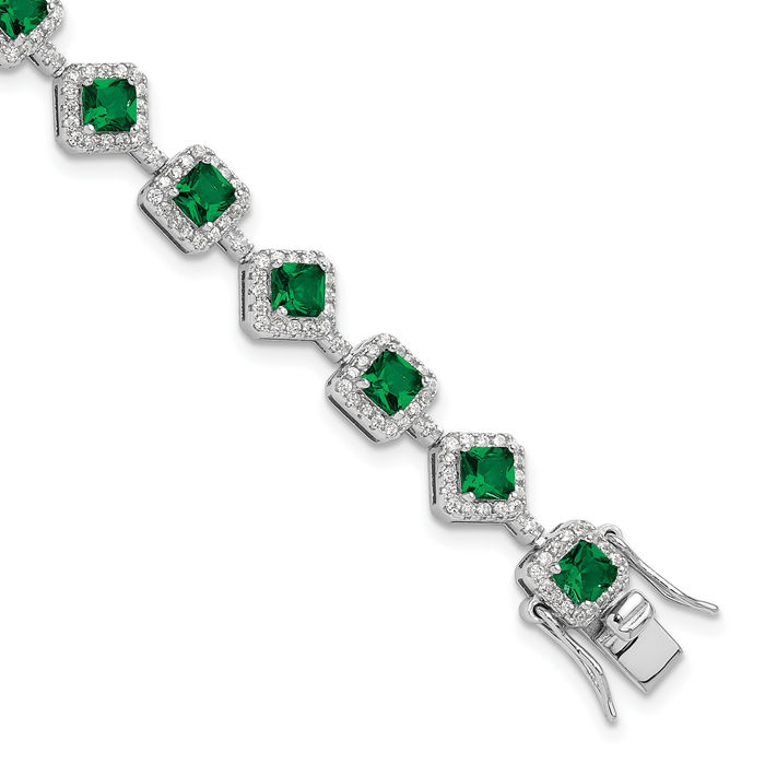 925 Sterling Silver Cushion-Cut Green Glass White Cubic Zirconia CZ Chain Bracelet