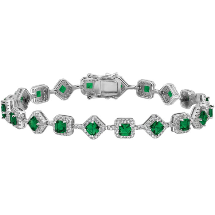 925 Sterling Silver Cushion-Cut Green Glass White Cubic Zirconia CZ Chain Bracelet