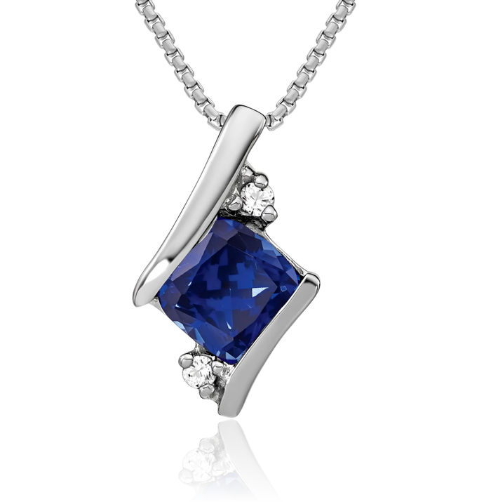 925 Sterling Silver Vintage Cushion-Cut Lab Blue Sapphire Diamond Necklace Chain Pendant Charm April September Birthstone Jewelry