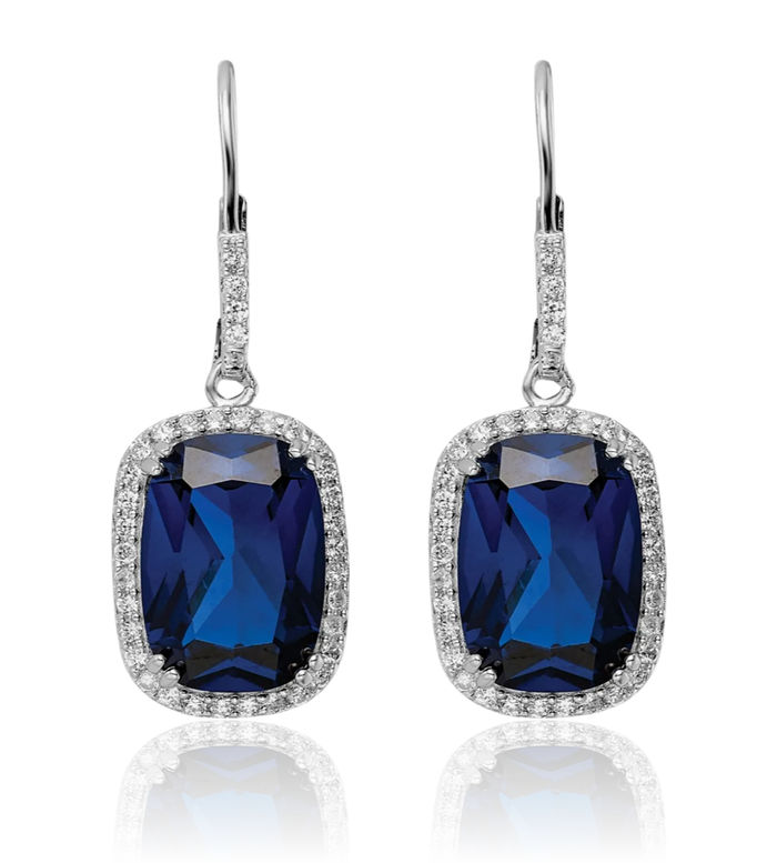 925 Sterling Silver Cushion-Cut Lab Dark Blue Spinel White Cubic Zirconia CZ Drop Dangle Earrings Gemstone