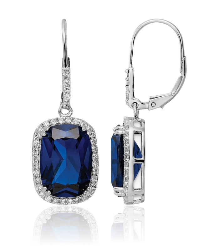 925 Sterling Silver Cushion-Cut Lab Dark Blue Spinel White Cubic Zirconia CZ Drop Dangle Earrings Gemstone