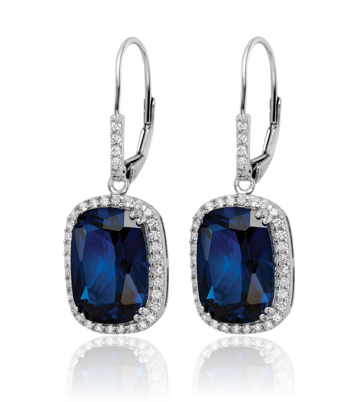 925 Sterling Silver Cushion-Cut Lab Dark Blue Spinel White Cubic Zirconia CZ Drop Dangle Earrings Gemstone