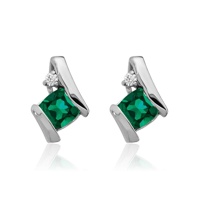 925 Sterling Silver Vintage Cushion-Cut Lab Green Emerald Diamond Stud Earrings May Birthstone Jewelry