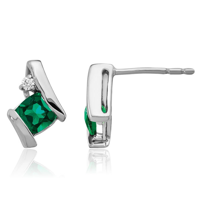 925 Sterling Silver Vintage Cushion-Cut Lab Green Emerald Diamond Stud Earrings May Birthstone Jewelry