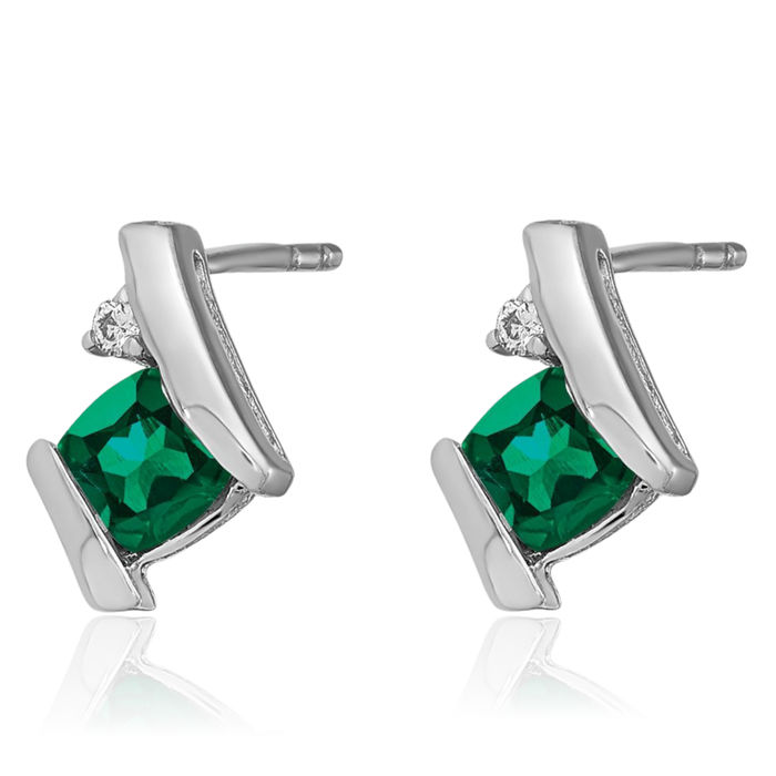 925 Sterling Silver Vintage Cushion-Cut Lab Green Emerald Diamond Stud Earrings May Birthstone Jewelry