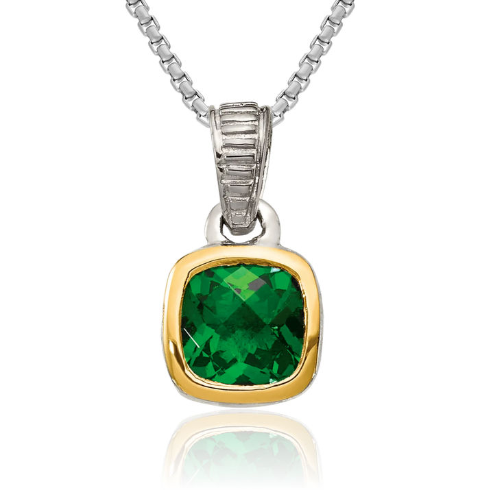 925 Sterling Silver Cushion-Cut Lab Green Emerald Necklace Gemstone Pendant Charm May Birthstone Jewelry