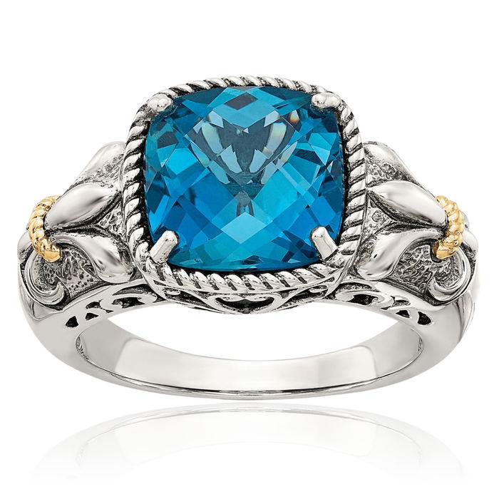 925 Sterling Silver Vintage Cushion-Cut London Blue Topaz Cocktail Statement Ring Gemstone Band