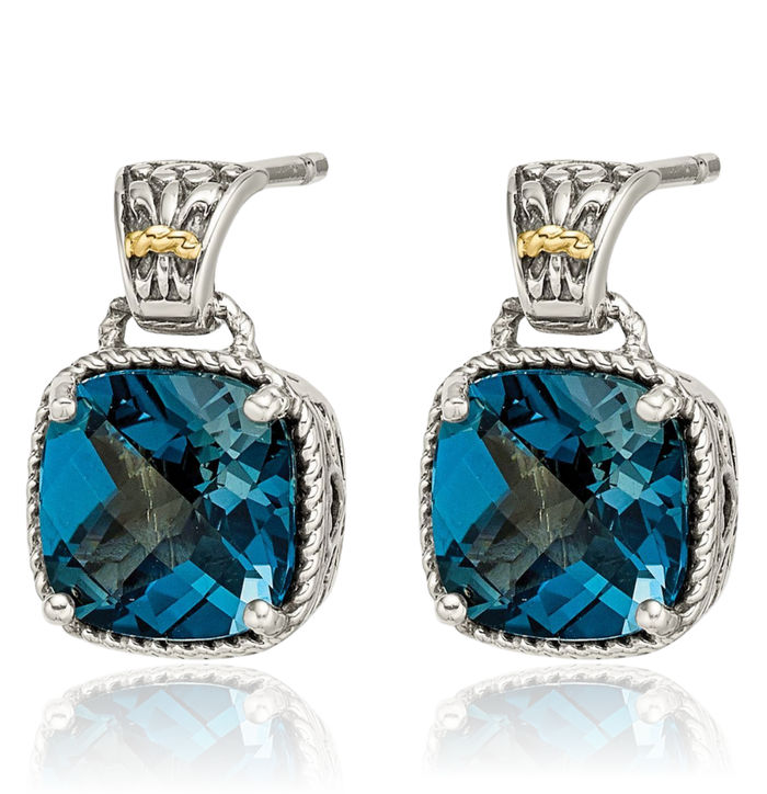 925 Sterling Silver Vintage Cushion-Cut London Blue Topaz Post Drop Dangle Earrings