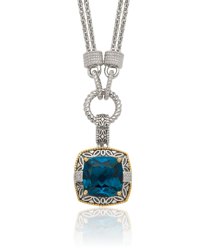 925 Sterling Silver Vintage Cushion-Cut London Blue Topaz Diamond Necklace Chain Gemstone Pendant Charm
