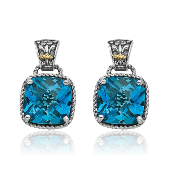 925 Sterling Silver Vintage Cushion-Cut London Blue Topaz Post Drop Dangle Earrings