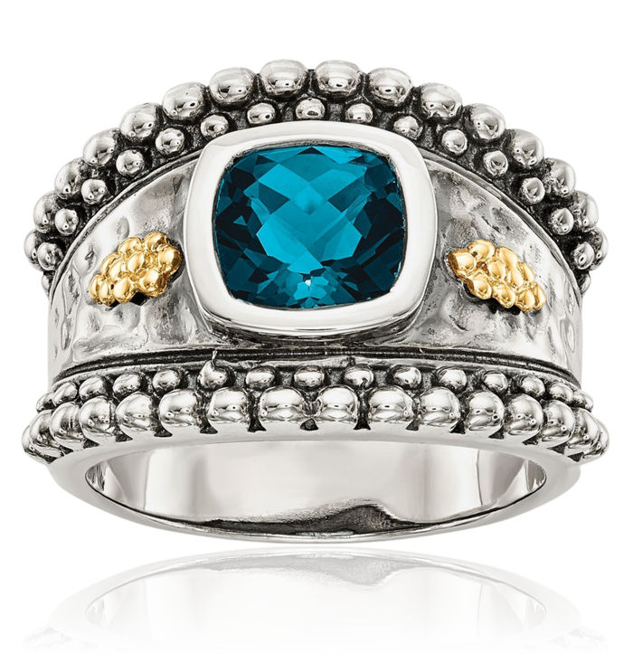 925 Sterling Silver Vintage Cushion-Cut London Blue Topaz Ring Gemstone Band