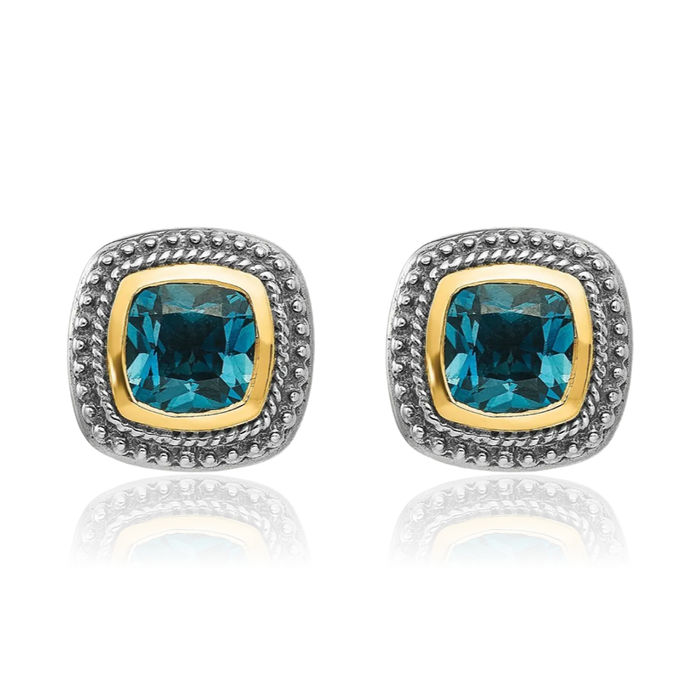 925 Sterling Silver Vintage Cushion-Cut London Blue Topaz Studs Gemstone Earrings