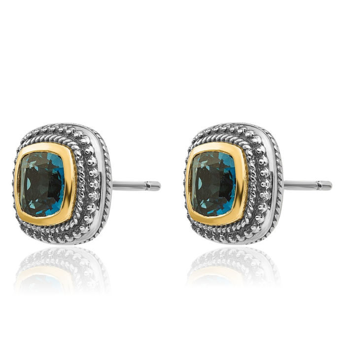 925 Sterling Silver Vintage Cushion-Cut London Blue Topaz Studs Gemstone Earrings