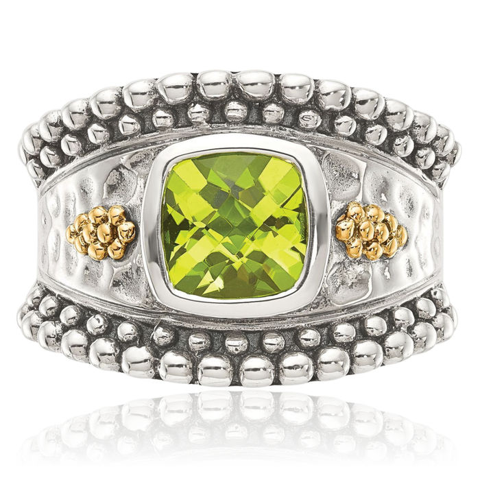 925 Sterling Silver Vintage Cushion-Cut Green Peridot Ring Gemstone Band