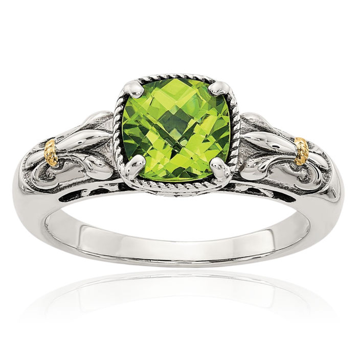 925 Sterling Silver Vintage Cushion-Cut Green Peridot Ring Gemstone Band