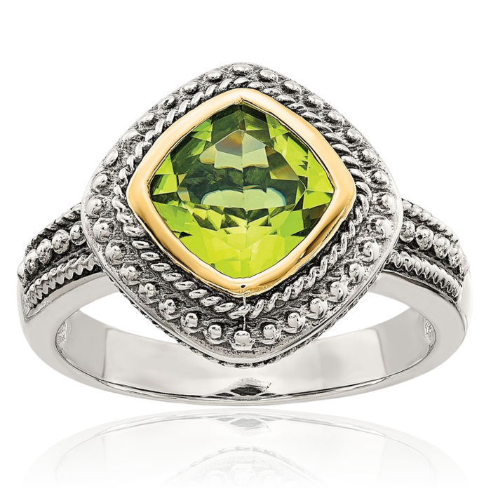 925 Sterling Silver Vintage Cushion-Cut Green Peridot Ring Gemstone Band