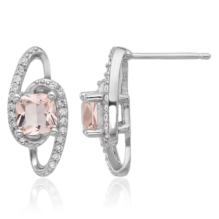 925 Sterling Silver Cushion-Cut Pink Morganite White Cubic Zirconia CZ Post Drop Dangle Earrings