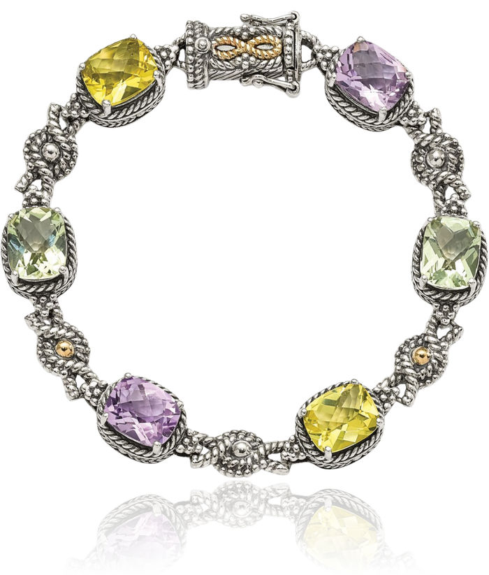 925 Sterling Silver Vintage Cushion-Cut Pink Quartz Green Lemon Chain Gemstone Tennis Bracelet