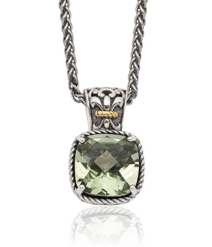 925 Sterling Silver Vintage Cushion-Cut Green Quartz Chain Necklace Gemstone Pendant Charm