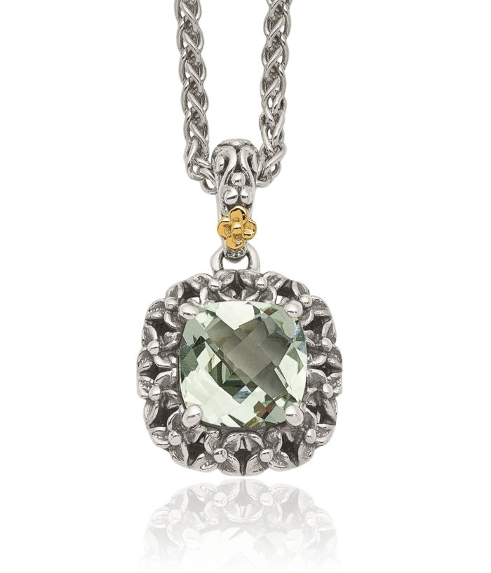 925 Sterling Silver Vintage Cushion-Cut Green Quartz Chain Necklace Gemstone Pendant Charm