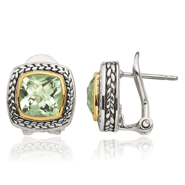 925 Sterling Silver Vintage Cushion-Cut Green Quartz Omega Clip Back Post Stud Earrings