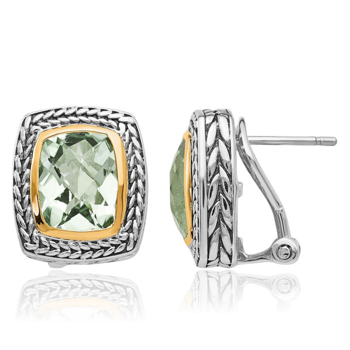 925 Sterling Silver Vintage Cushion-Cut Green Quartz Omega Clip Back Post Stud Earrings