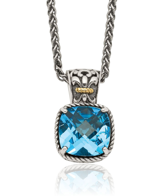 925 Sterling Silver Vintage Cushion-Cut Sky Blue Topaz Chain Necklace Gemstone Pendant Charm