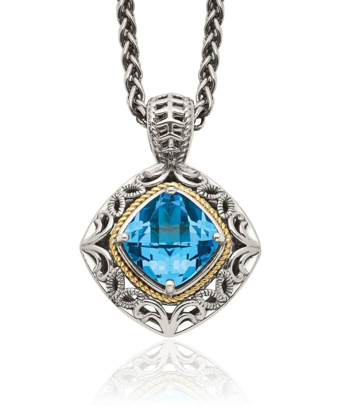 925 Sterling Silver Vintage Cushion-Cut Sky Blue Topaz Chain Necklace Gemstone Pendant Charm