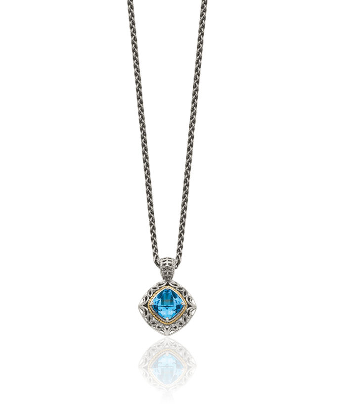 925 Sterling Silver Vintage Cushion-Cut Sky Blue Topaz Chain Necklace Gemstone Pendant Charm