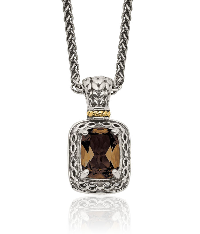 925 Sterling Silver Vintage Cushion-Cut Brown Smoky Quartz Chain Necklace Gemstone Pendant Charm